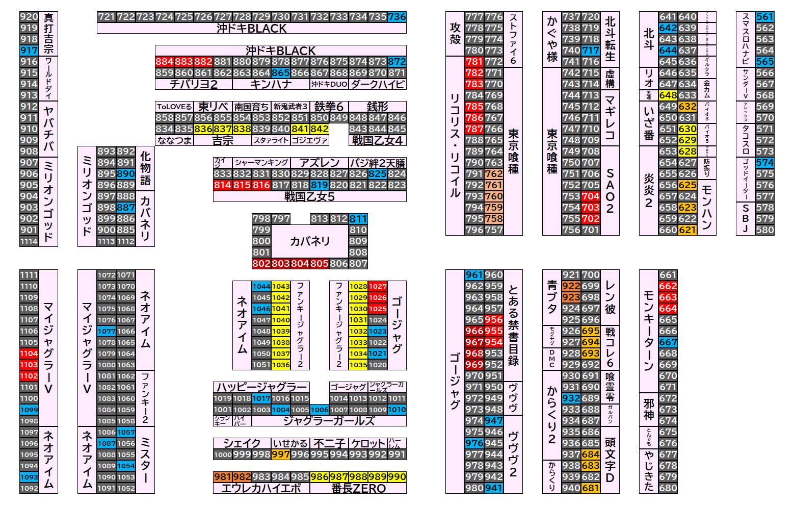マルハンメガシティ前橋インター 2026年9月21日(月)のフロアマップ。調査対象120台（台番561〜1104）を仕掛け種別ごとに色分けして配置したもの。仕掛け種別：単品、3台並び、全台優秀、1/2高配分、5台並び、4台並び、2台並び