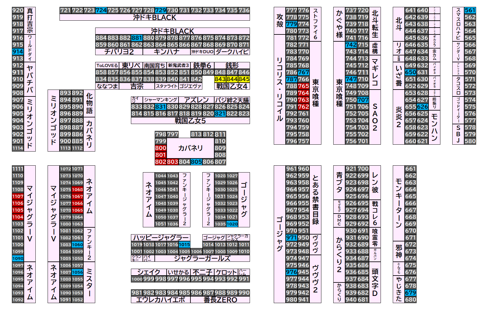 マルハンメガシティ前橋インター 2026年9月24日(木)のフロアマップ。調査対象43台（台番561〜1107）を仕掛け種別ごとに色分けして配置したもの。仕掛け種別：単品、全台優秀、4台並び